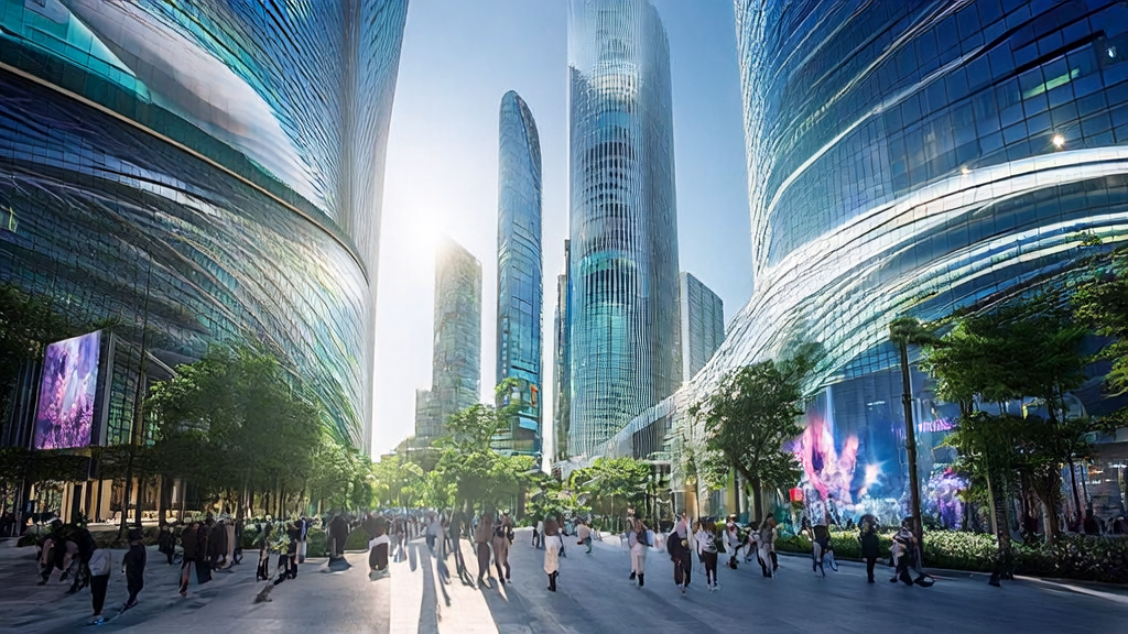 In a futuristic city, AI-powered smart advertising screens display personalized ads that attract passersby.