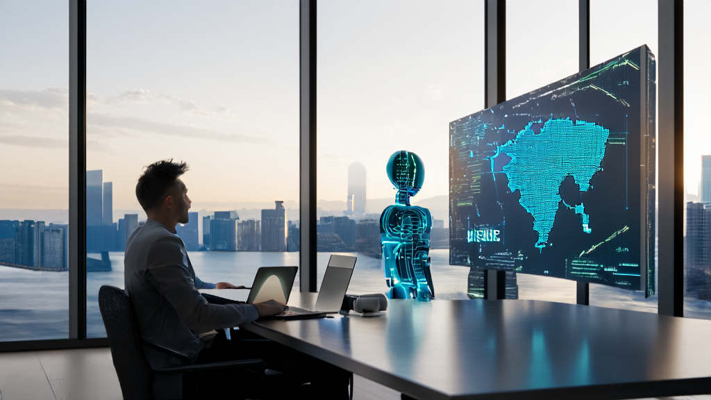 现代化办公室中创业者利用AI技术优化广告投放，高效获取海外客户