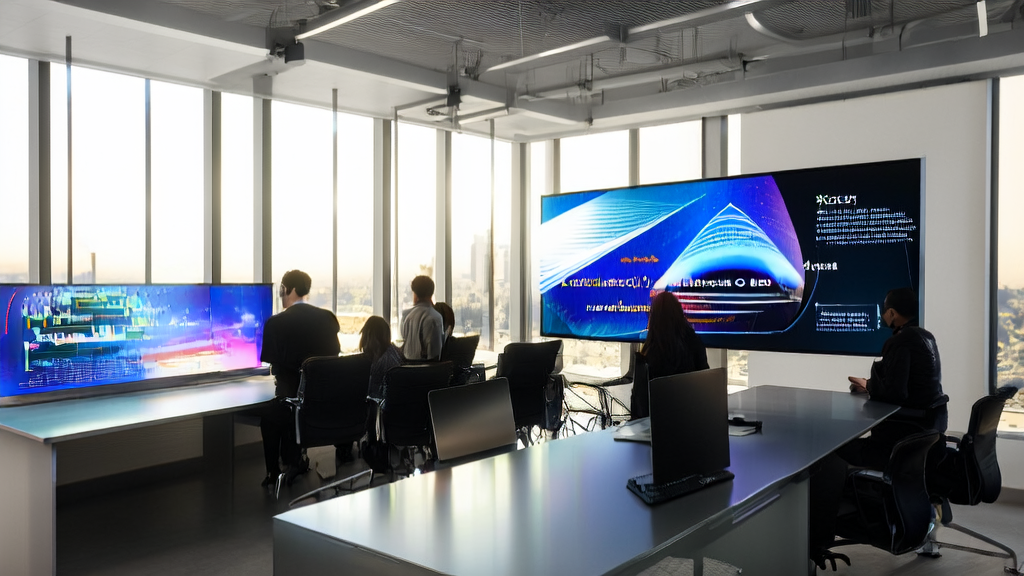 A modern office scene showcasing AI-optimized advertising for precise customer acquisition and reduced CPA