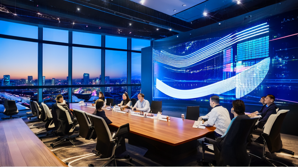 Blue Focus team discussing AI-optimized advertising strategies in a meeting room with a view of the bustling city.