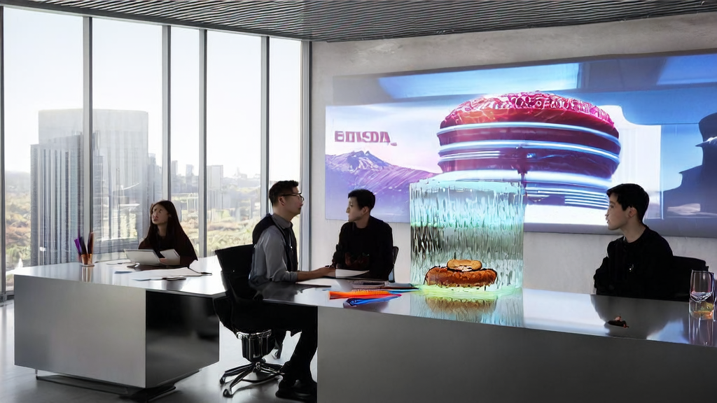 AI Optimized Advertising: Employees in a modern office using Nano Banana 2 to generate high-quality advertising images