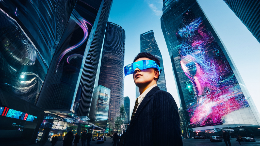 In a futuristic city, an advertising planner uses Quark AI glasses for precise ad targeting analysis