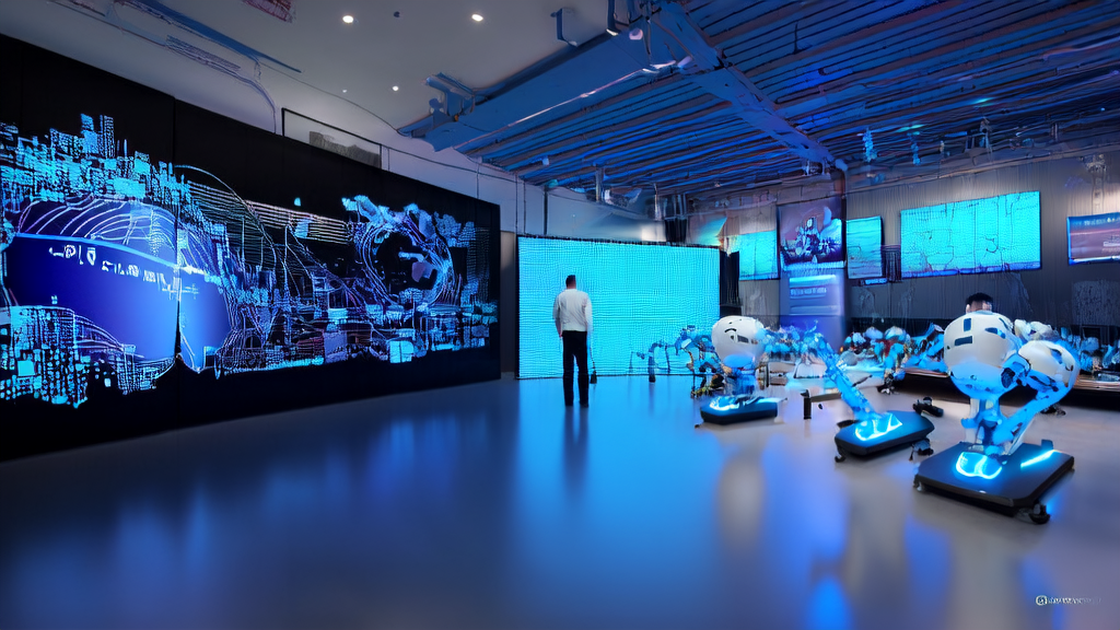 A modern tech lab where researchers use NVIDIA and Stanford's open-source technology to optimize advertising, with screens displaying game footage and ad placement analytics