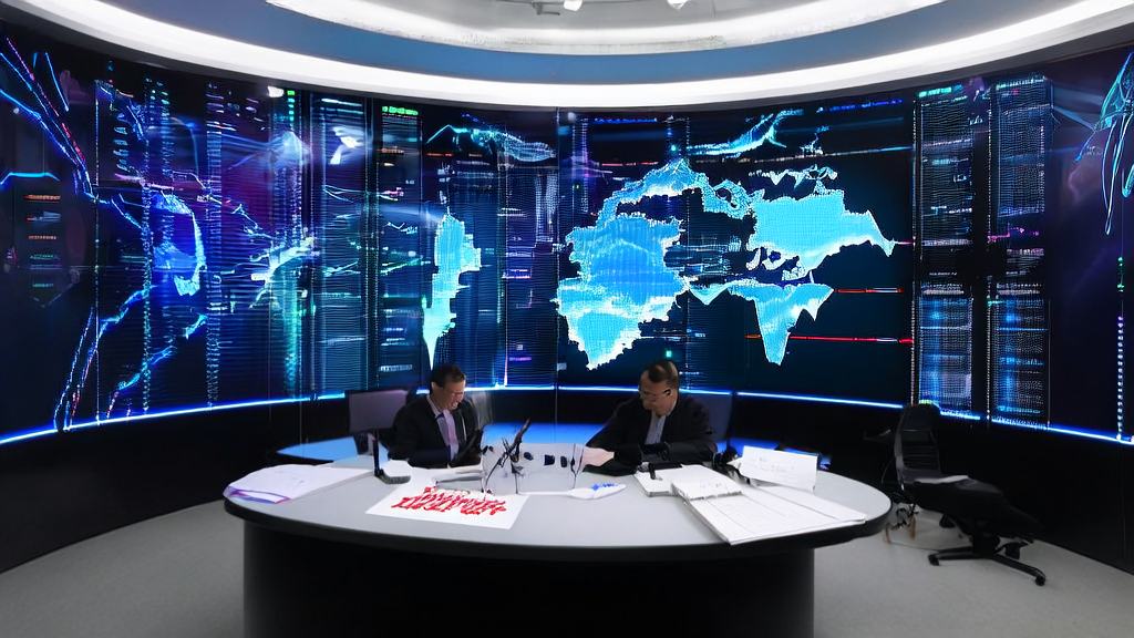 数据科学家在办公室中通过AI客户预测模型优化广告投放，墙上显示着全球市场反馈，桌上放有Anthropic研究的文件。