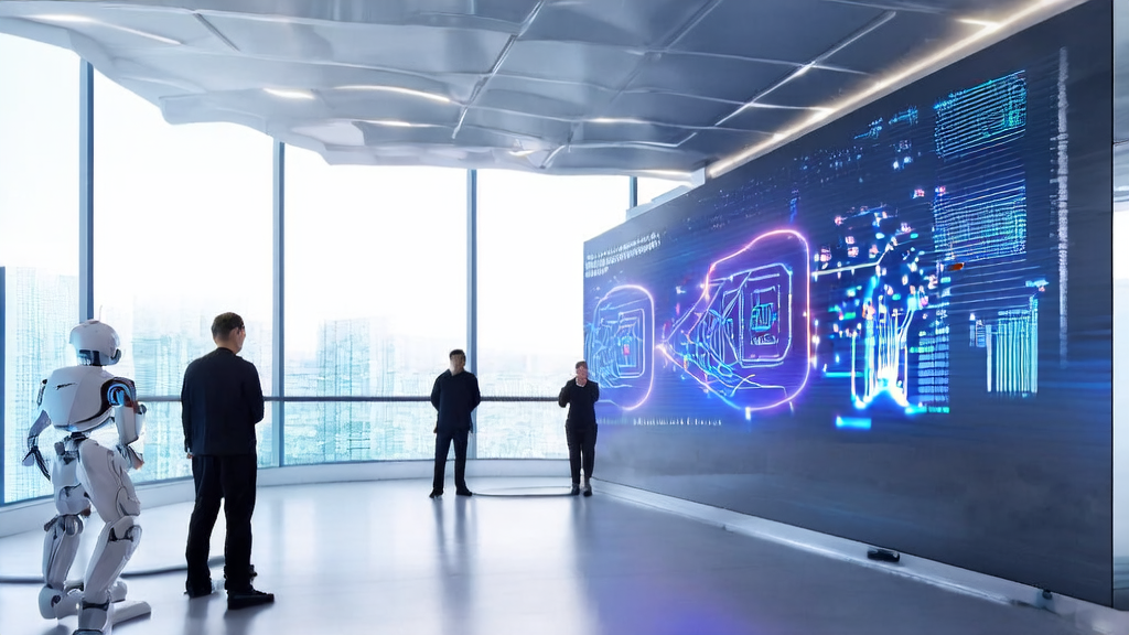 Engineers in a modern office are using AI technology to optimize advertising, showcasing complex data analysis and ad performance monitoring.