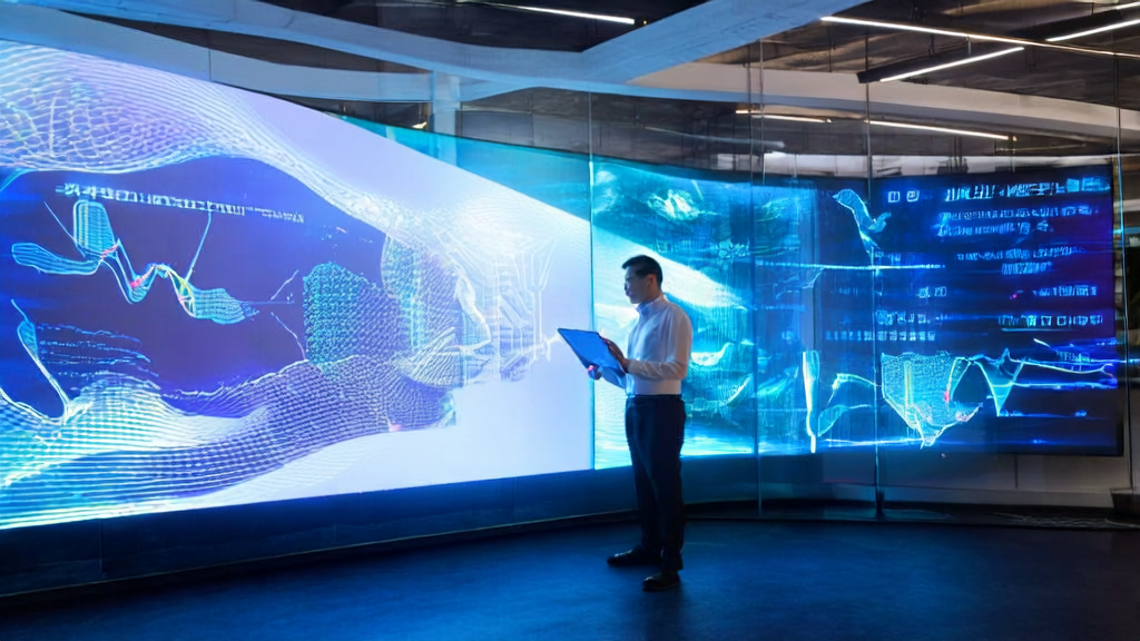 现代化办公室中团队讨论AI优化广告投放策略，屏幕上显示复杂的数据分析图表，背景为网信办公布的生成式AI服务备案列表。