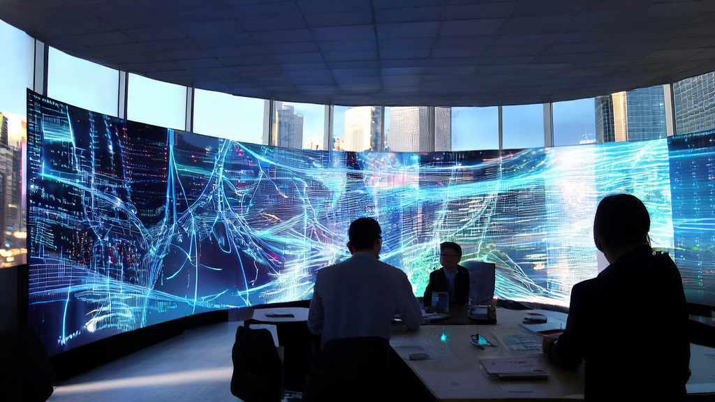 数据科学家在现代化办公楼中通过AI技术优化广告投放，精准触达目标人群并降低CPA