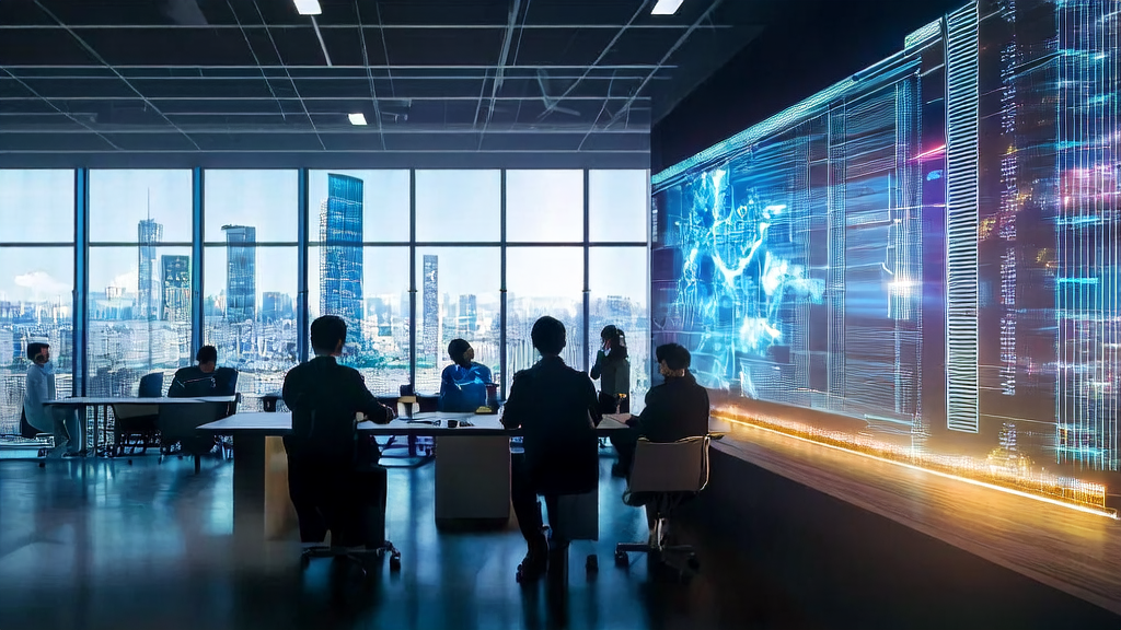 科技公司办公室内，工程师们正在讨论AI优化广告投放策略，窗外阳光照耀下的城市象征着新的机遇。