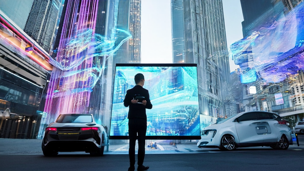 未来城市中，使用vivo手机的年轻人被精准推送个性化广告，旁边有智能助手机器人进行实时分析。