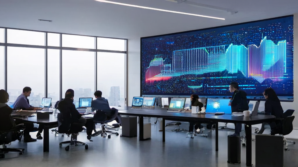 现代办公室中员工使用AI技术优化广告投放，实时监控数据并调整策略