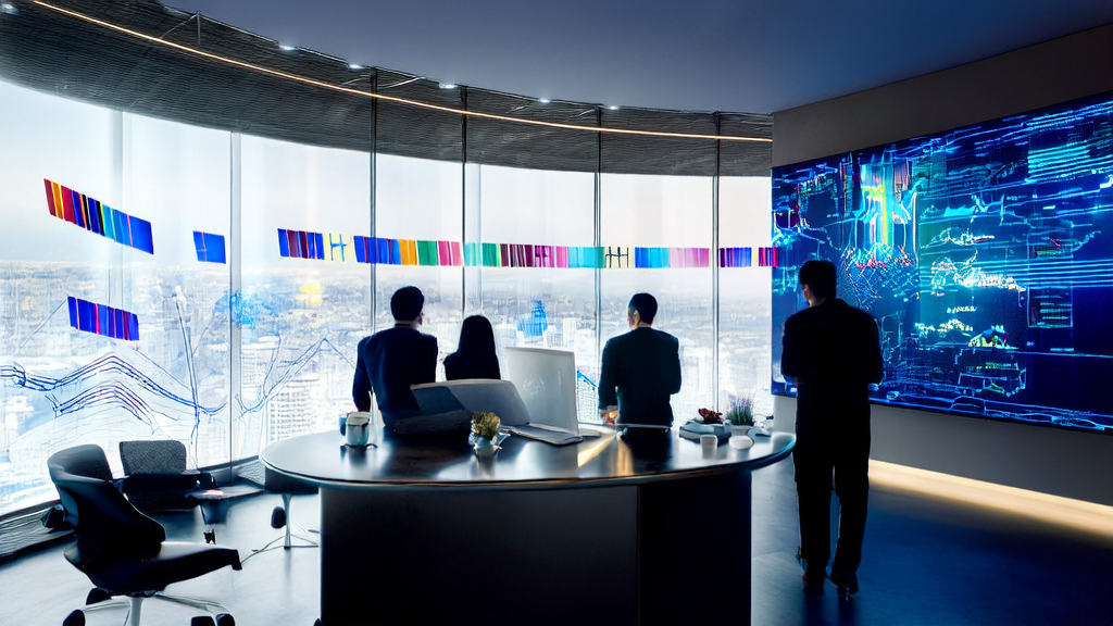 Ad professionals in an office using AI technology to optimize ad placement, achieving precise targeting and CPA reduction