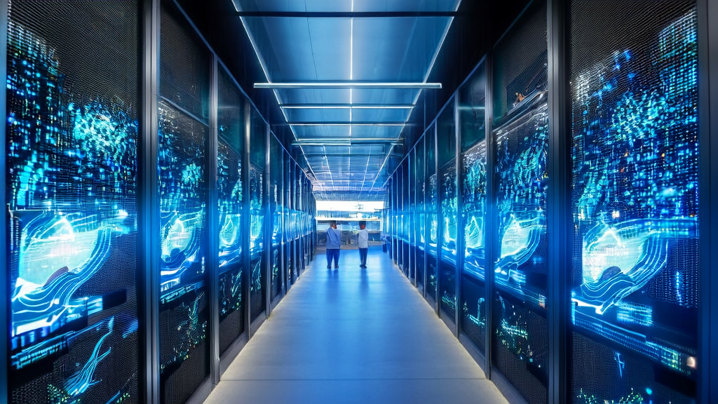 Showcasing the AI-optimized advertising technology in a modern data center by OpenAI and Foxconn, achieving precise targeting and lower CPA