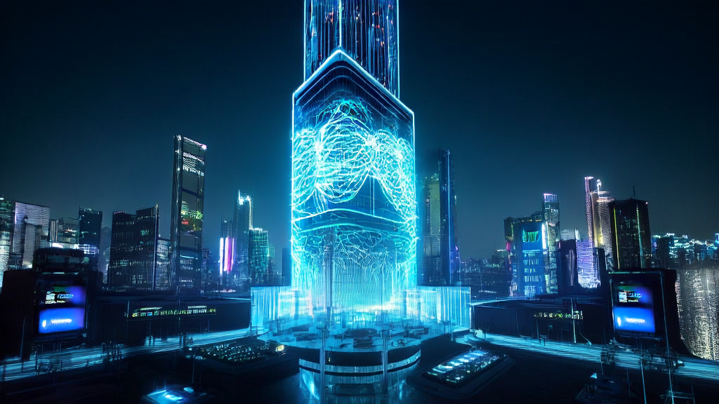 A futuristic data center with an AI brain model and dynamic billboards showcasing the application of AI-optimized advertising.