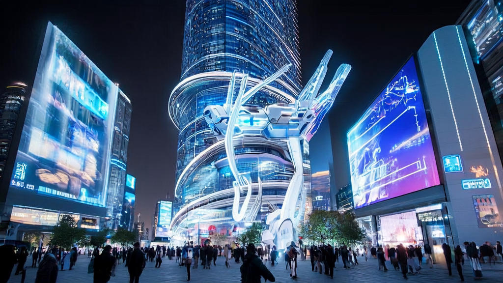 A futuristic city scene showcasing AI-optimized advertising, highlighting precise targeting and lower CPA technology