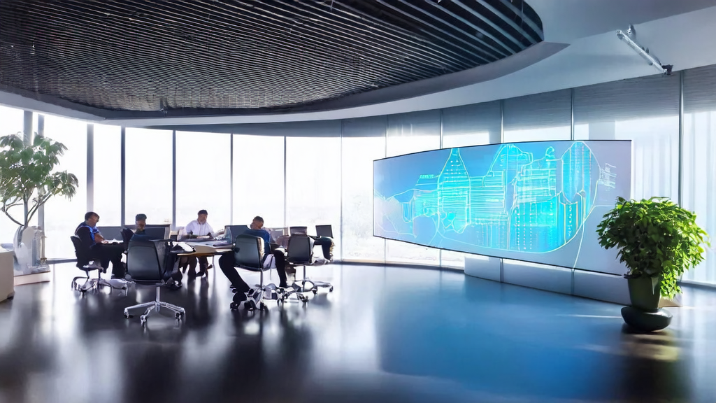 In a modern office, technicians gather around a large screen discussing AI-optimized advertising, showcasing precise targeting and lower CPA effects.
