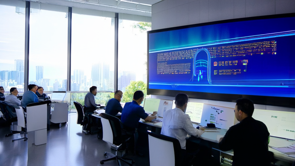 阳光照耀下的现代化办公室内，员工们正在通过AI技术优化广告投放，分析数据并讨论成果。