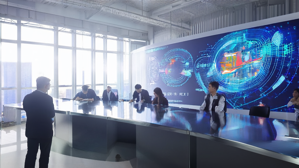 工程师们在现代化办公室中讨论AI优化广告投放策略，精准触达目标人群并降低成本