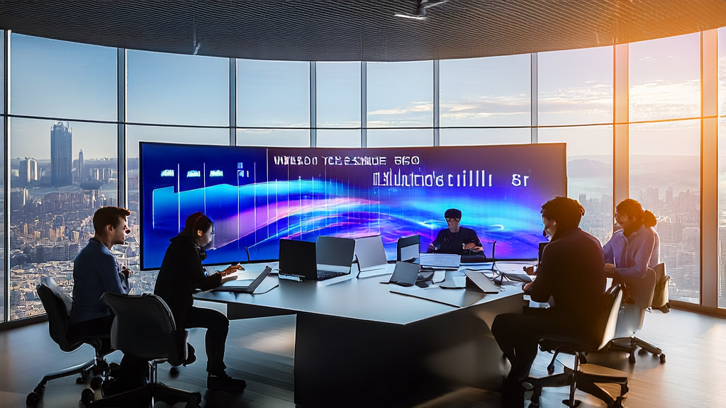 团队在现代化办公室中讨论AI优化广告投放策略,屏幕上显示OpenAI收购Sky团队的新闻