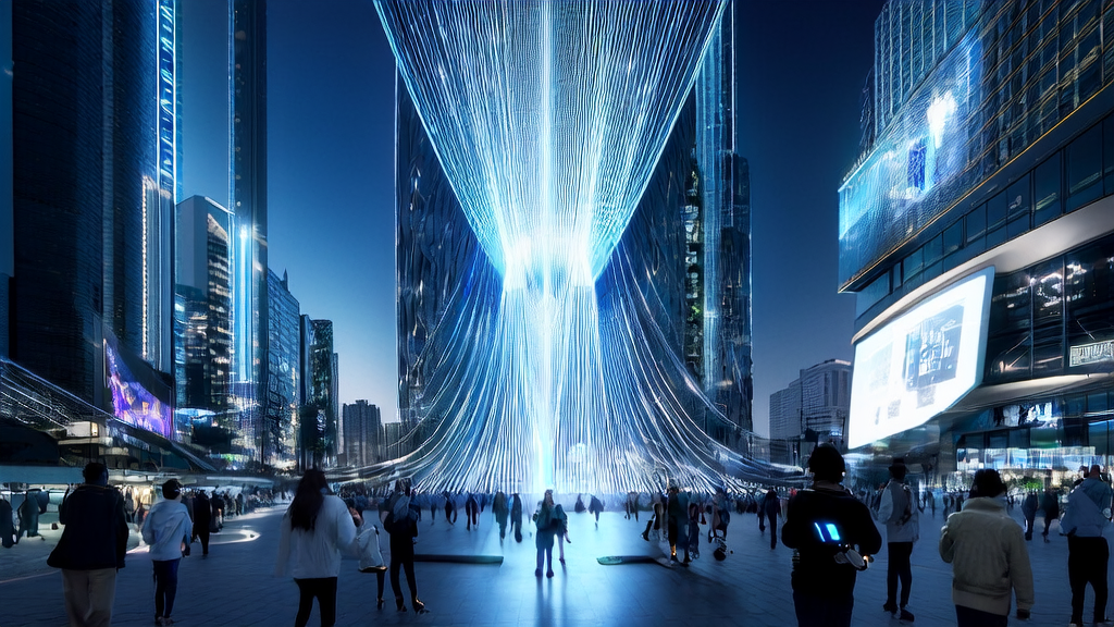 未来城市的夜景中，AI技术通过数据控制塔精准触达目标用户，实现广告投放的高效和低成本。