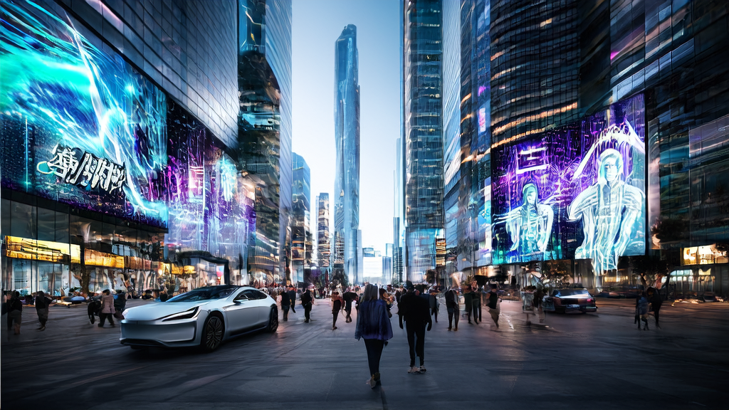 未来城市中展示AI优化广告投放技术的应用场景，包括虚拟助手分析用户数据、特斯拉汽车和Snapchat的“Imagine Lens”。