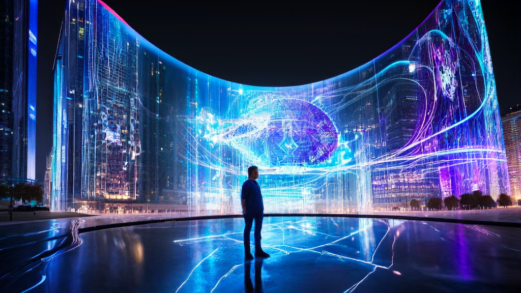 A young entrepreneur in a futuristic city is using AI to optimize advertising, precisely reaching target audiences and reducing CPA.