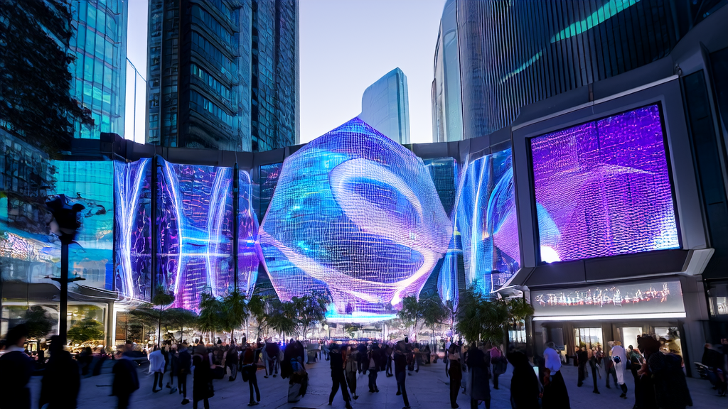A futuristic city street where AI-optimized advertising precisely reaches target audiences, reducing CPA and enhancing ad effectiveness.