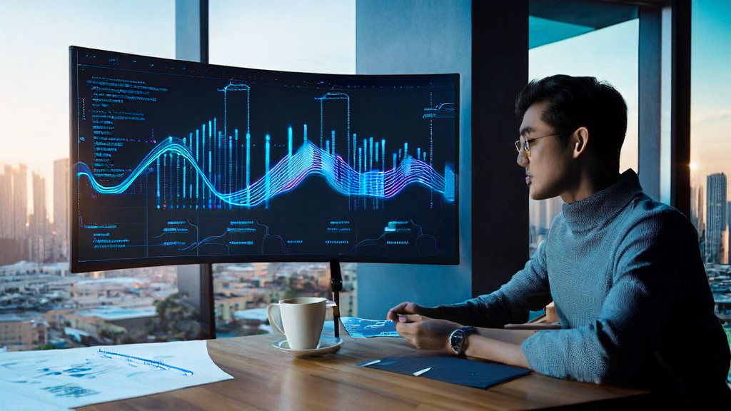 A marketing manager in a modern office using AI-optimized advertising strategies, with a bustling city view outside the window.