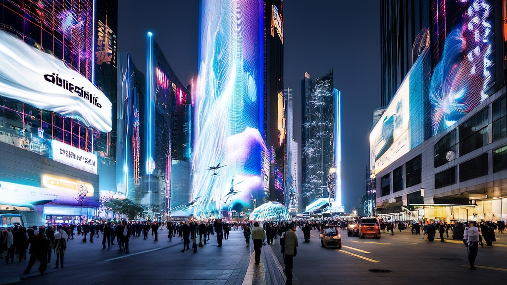 未来城市的全息投影展示AI优化广告投放技术，无人驾驶汽车和无人机配送，体现精准获客与成本控制的完美结合。