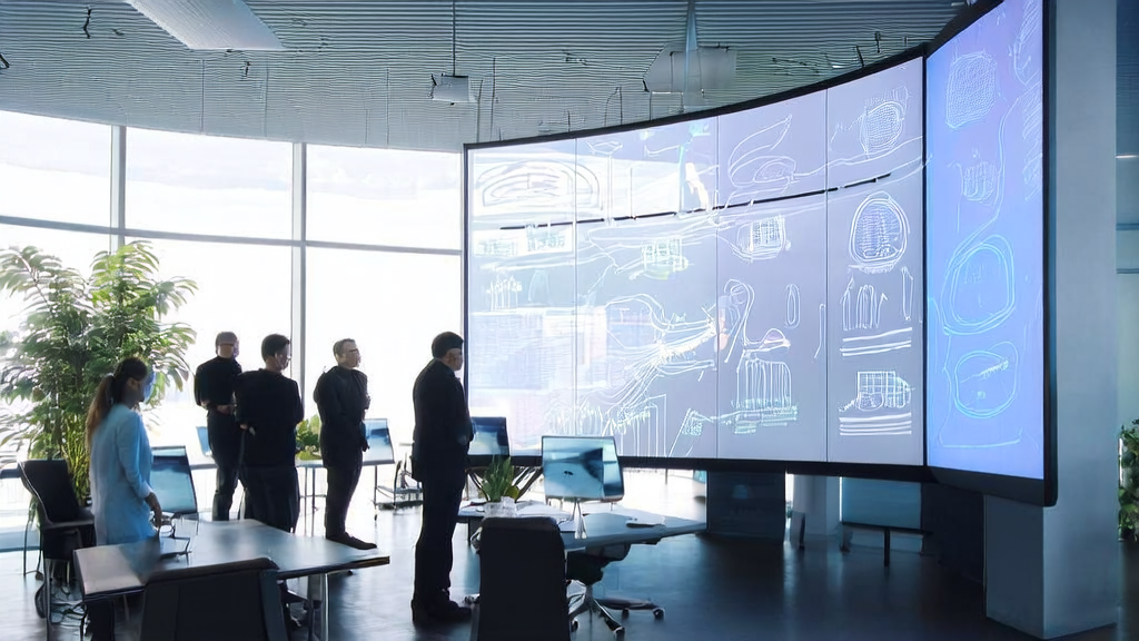 数据科学家们在现代化办公室中讨论AI优化广告投放策略,屏幕上显示着复杂的AI算法和实时数据分析图表。