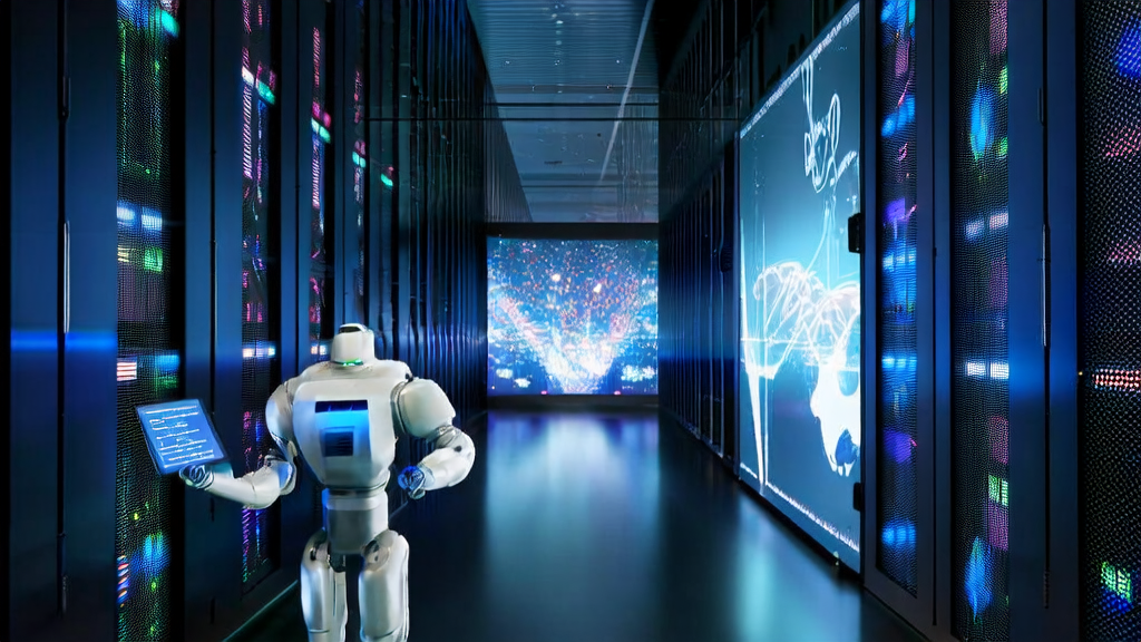 A smart robot in a data center monitors real-time data of AI-optimized advertising, showcasing the technology principles and market impact.