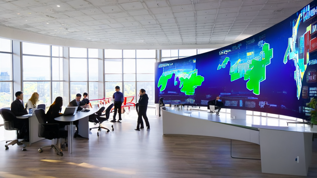 In a bright office, employees are using AI technology to optimize advertising campaigns, analyzing data and discussing how to precisely reach target audiences and reduce customer acquisition costs.