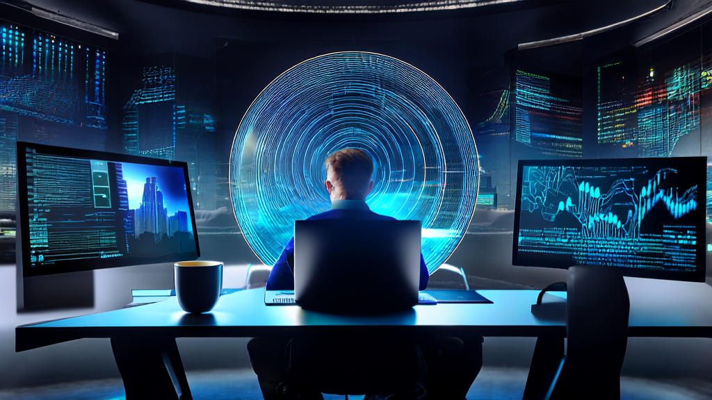 A data analyst in a high-tech office using AI technology for optimized advertising, with a city night view in the background.