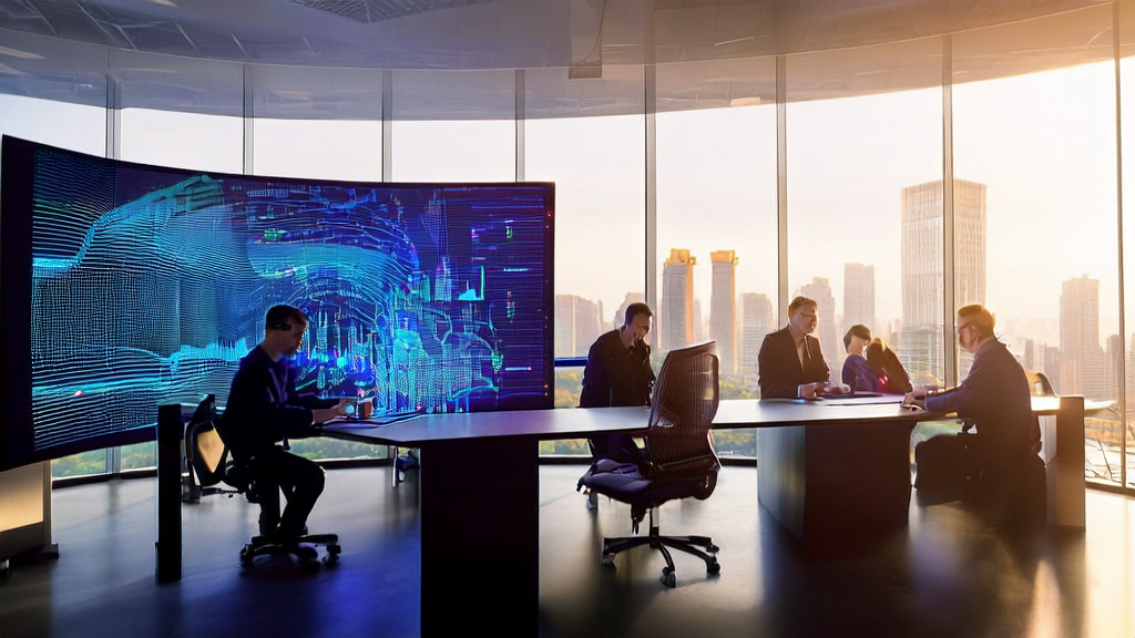 展示AI优化广告投放的现代办公室场景，工程师们正在讨论如何通过AI技术实现精准触达目标人群并降低CPA