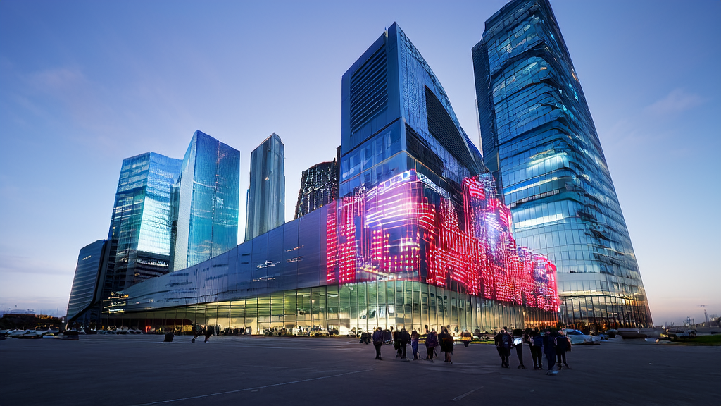 In a modern office building in a futuristic city, a marketing team uses AI technology to optimize ad placement, precisely targeting customers and reducing CPA.