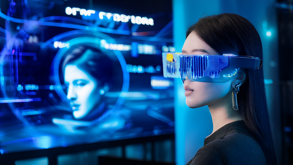 In a high-tech office of a future city, an analyst uses AI systems to optimize advertising placement, monitoring data in real-time for precise audience targeting and lowering CPA.