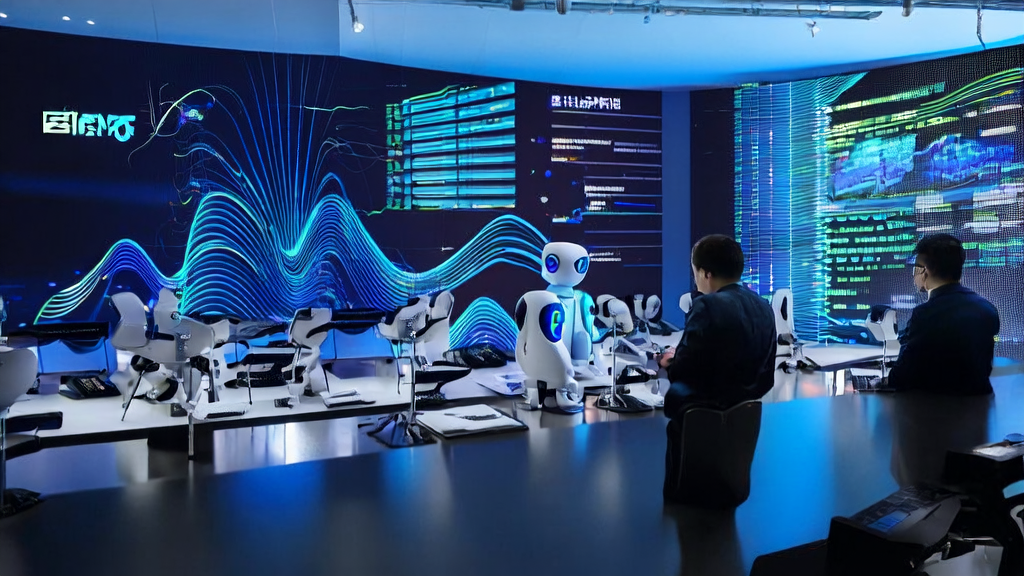 In a high-tech office, programmers are enthusiastically discussing AI-optimized advertising strategies, with a poster highlighting the theme on the wall.