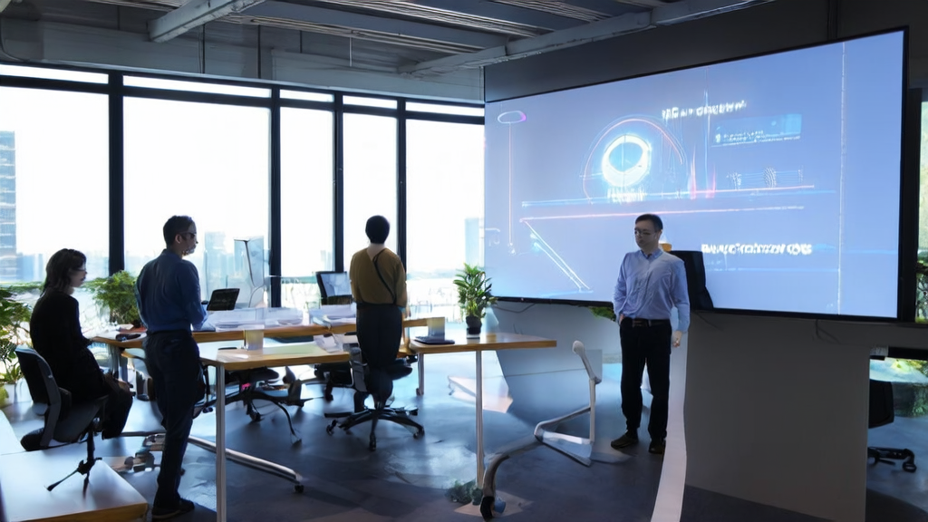 In a modern office, employees are discussing an AI-generated PPT with stunning visuals, exploring how AI-optimized advertising can achieve precise audience targeting and cost savings.