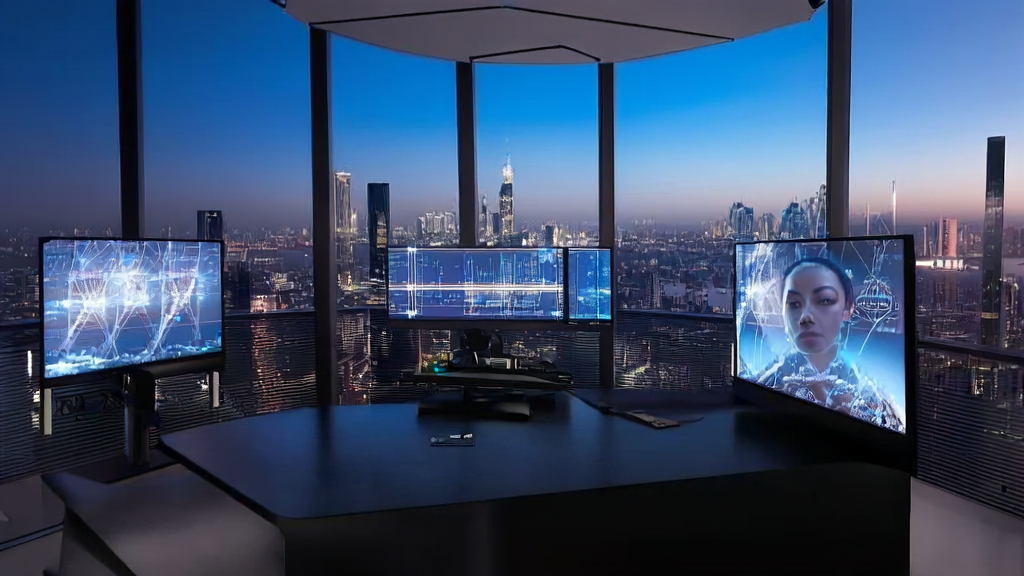 现代化办公室中的AI广告投放分析,展示UniWorld-V2图像编辑功能