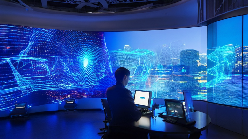 现代化办公室内的年轻分析师使用AI技术优化广告投放，精准触达目标用户并降低每次行动成本（CPA），背景为城市夜景。