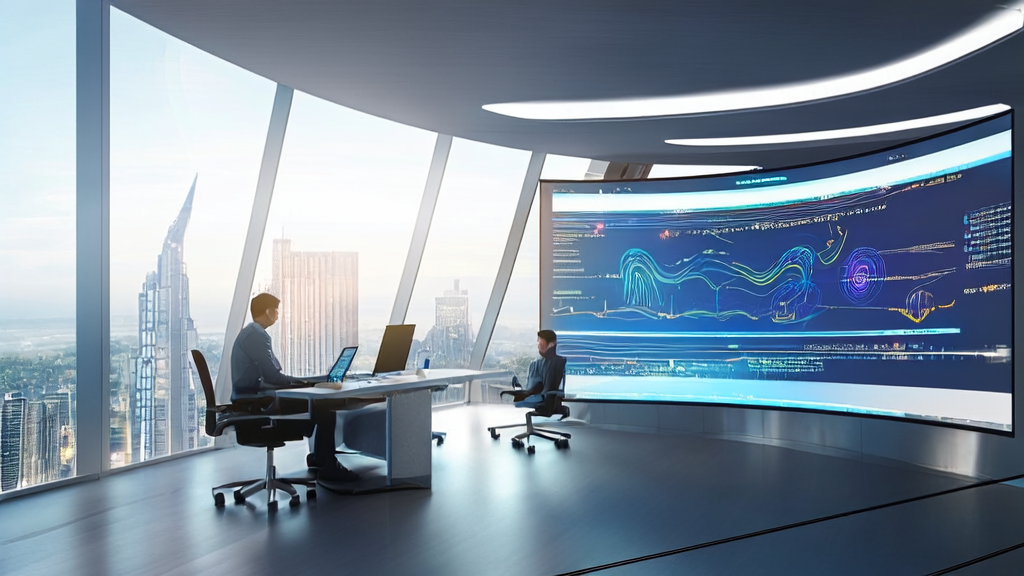 未来感办公室中展示AI优化广告投放和精准触达目标人群的数据分析场景