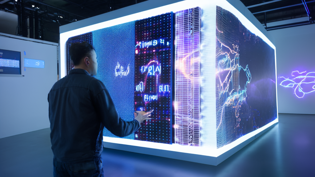 A modern tech lab showcasing AI-optimized advertising, with engineers monitoring and discussing ad campaign data, backed by complex AI model architecture and servers.