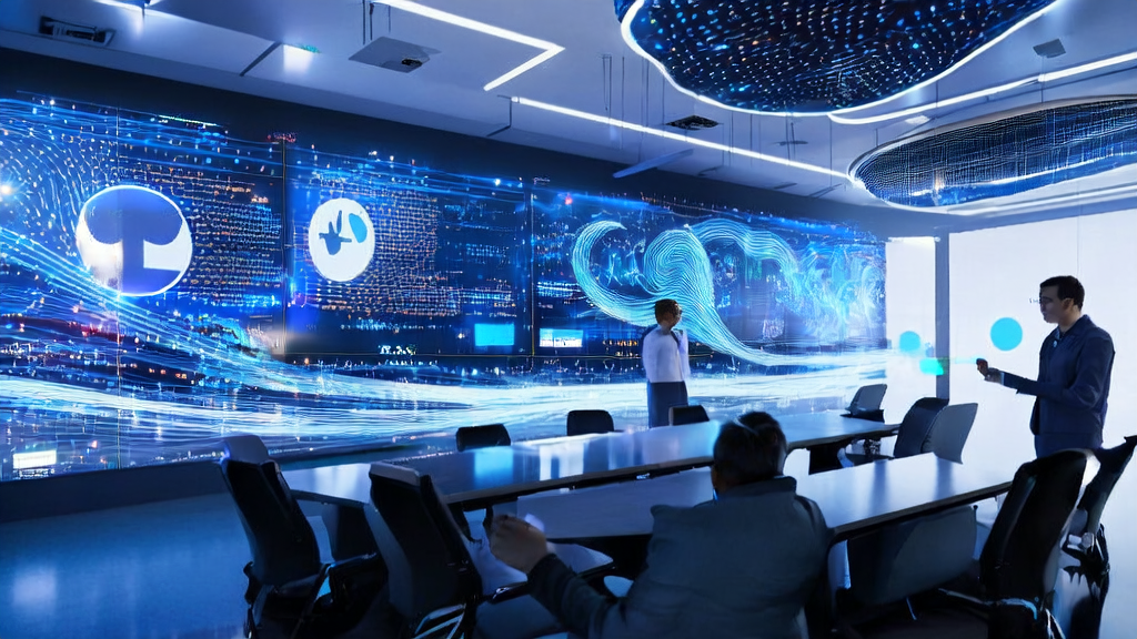 In a futuristic office, employees collaborate using DingTalk 8.1.10, showcasing the innovative solution of AI-optimized advertising.