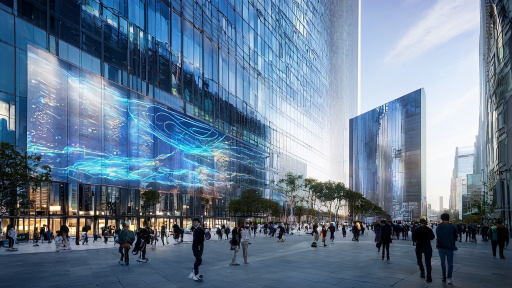 智能广告牌在城市中心吸引行人驻足观看，背景是高楼大厦和阳光，前景为手持智能手机的路人。