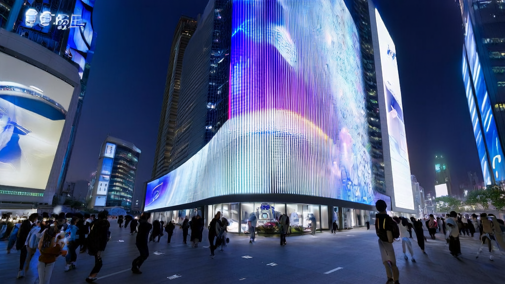 未来城市的街头，展示了科大讯飞星火X1.5模型的广告投放技术，智能广告牌根据行人实时变化。