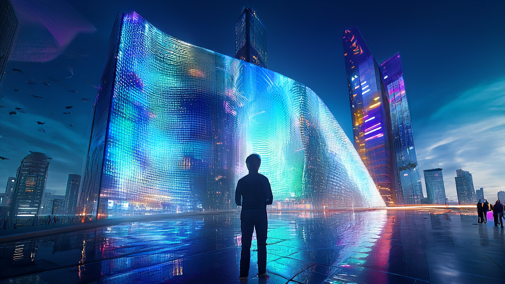 An entrepreneur stands in front of an electronic screen, using AI technology to optimize advertising and precisely reach the target audience while lowering CPA.