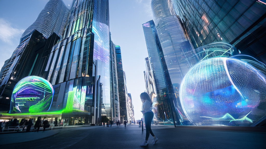 AI-optimized digital billboards in a futuristic city precisely reach target audiences while lowering CPA