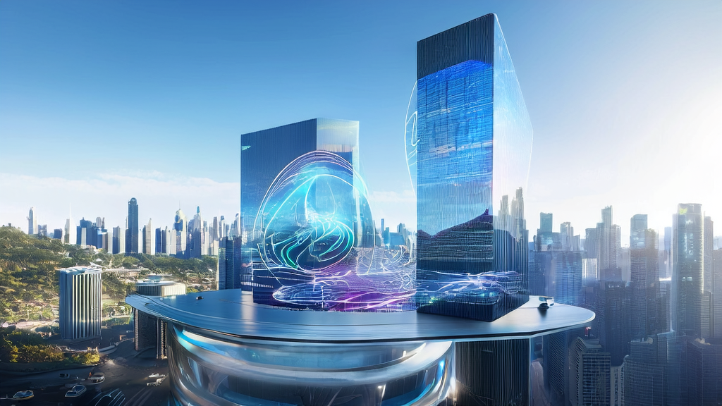 An advertising agency in a futuristic city using AI technology to optimize ad placement and precisely reach target audiences