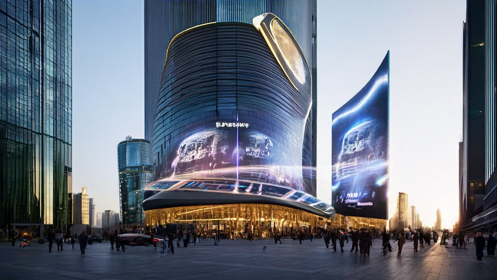 未来城市的中心,巨大的AI生成广告屏幕吸引着行人,精准触达目标人群并降低CPA。