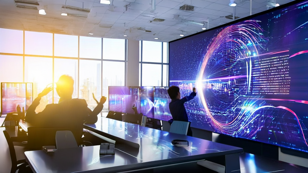 未来城市的数字广告屏幕上展示着AI优化广告投放的效果,旁边是使用科大讯飞讯飞星火X1.5模型进行数据分析的市场分析师。