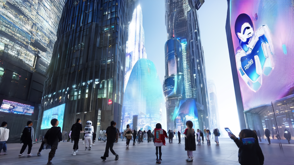 在未来城市中,智能机器人和数字广告屏展示AI优化广告投放的效果